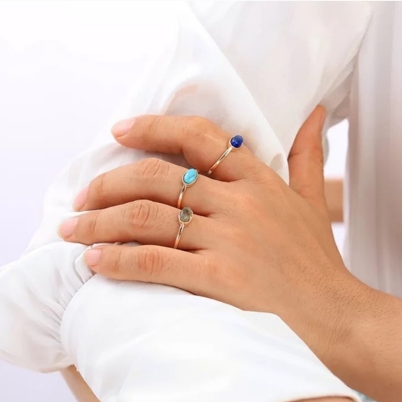 Adjustable Semi Precious Oval Stacked Ring Set of 3 - Picture 3 of 7